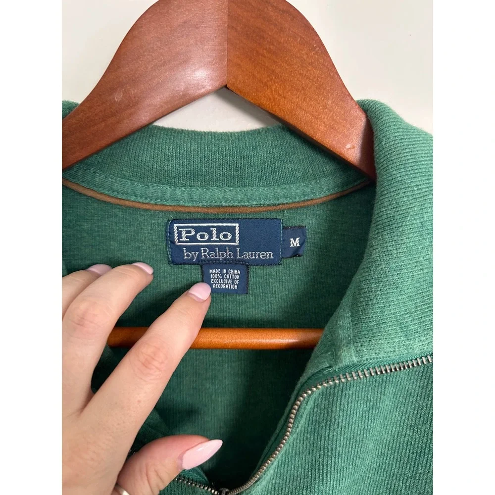 Polo Ralph Lauren Quarter Zip Sweater Mens Medium Green EUC Cotton Pullover Pony